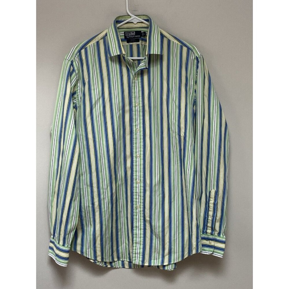 POLO Ralph Lauren REGENT Custom Fit Mens Button Shirt Blue Yellow Stripe Large